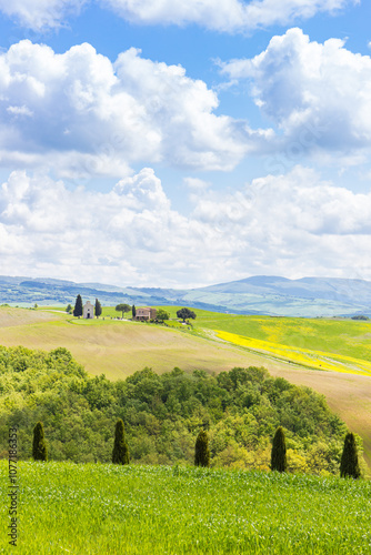 Cypress trees and Chapel Vitaleta in the Tuscan hills near Pienza, Italy