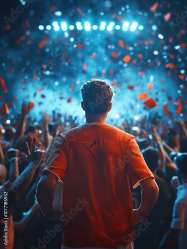 Back view of football, soccer fans cheering their team at crowded stadium at night time. Football fans celebrating a victory in stadium. Concept of sport