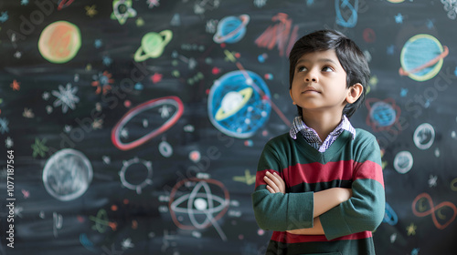 desi student is positioned with space against the chalkboard. Doodle copy space