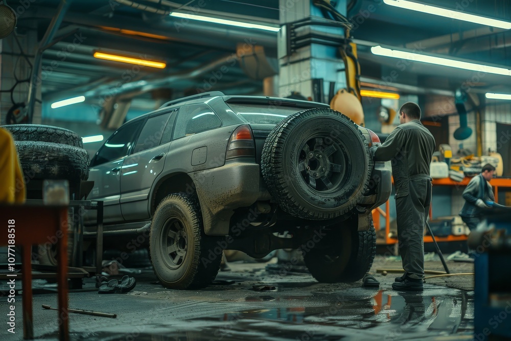 Fototapeta premium A man working on a car in a garage, focusing on replacing the tires of a large SUV, working together to replace the tires on a large SUV in a busy and noisy auto repair shop