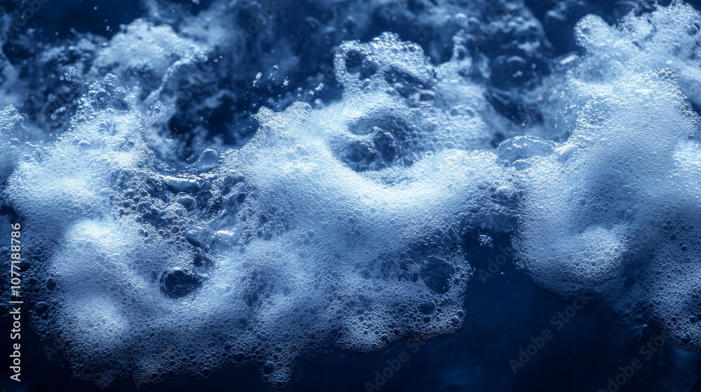 Fototapeta premium Close up of blue water with bubbles creating dynamic texture and depth. vibrant hues evoke sense of calm and tranquility
