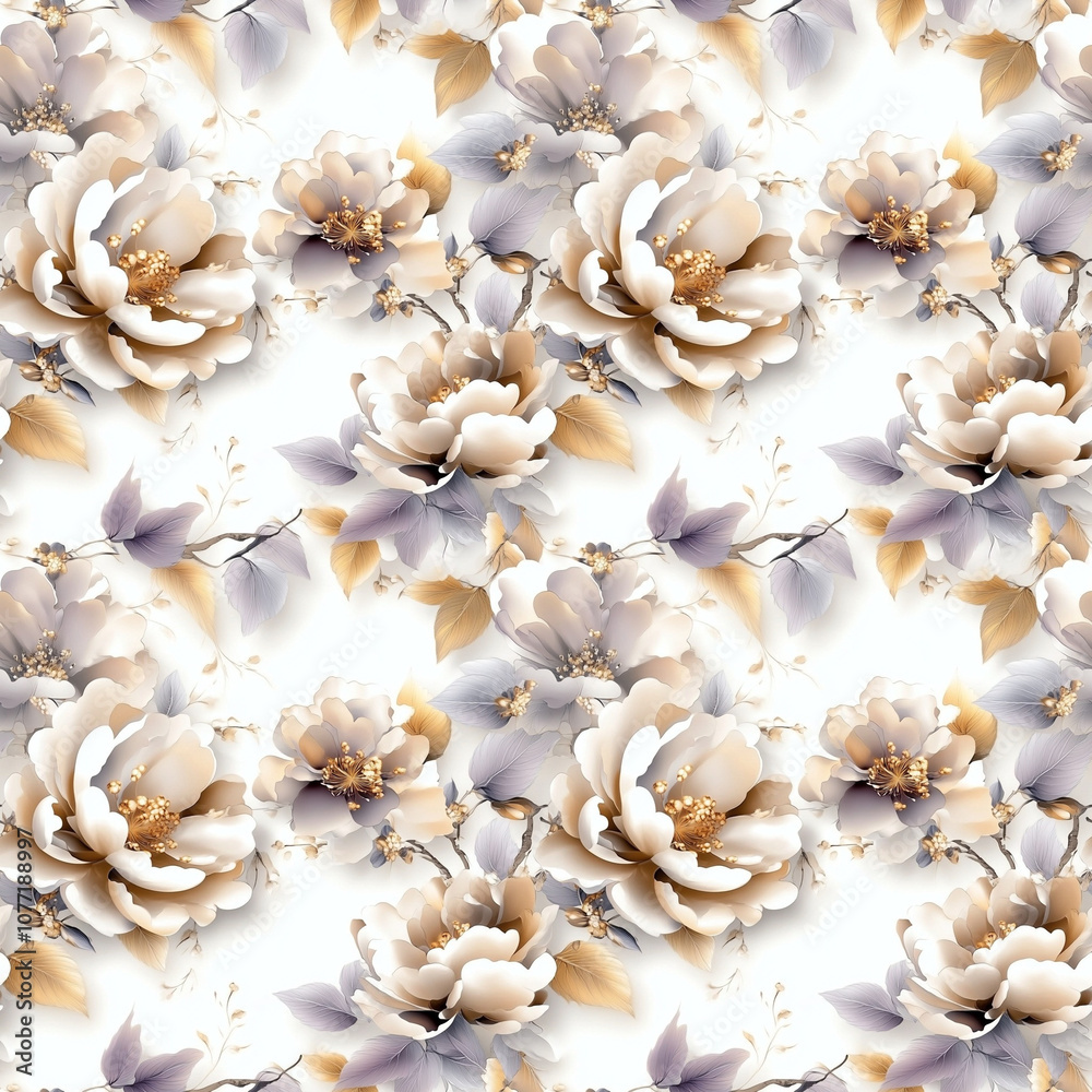 Fototapeta premium Seamless floral pattern with beige and gray flowers on white