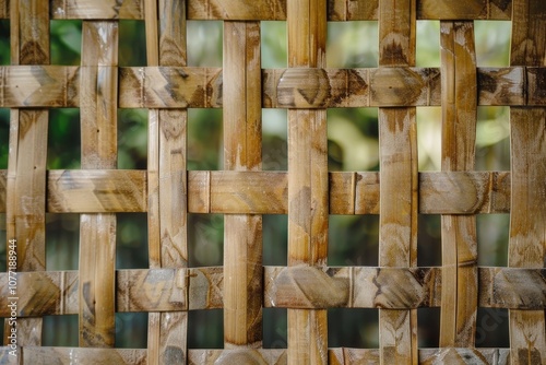 Detailed view of a wooden structure featuring a woven bamboo lattice with a striking grid pattern, Woven bamboo lattice creating a striking grid pattern photo