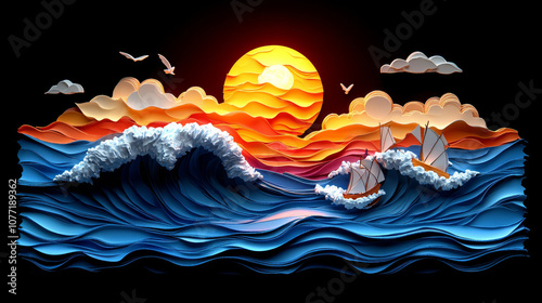 Colorful sunset over waves with ships, creating serene ocean scene
