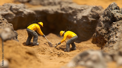Miniature Workers Excavating Sand with Shovels Amidst Rocks in a Detail-Oriented Construction Scene Representing Hard Work and Labor in a Conceptual Setting
