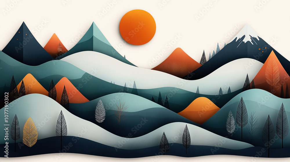 Abstract landscape illustration with stylized mountains, hills, and trees, featuring a large orange sun in the background, in shades of turquoise, orange, and gray.