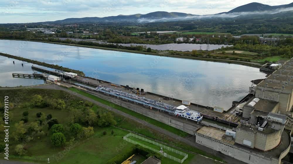 Saulce sur Rhone, France - 27 October 2024: Industrial ship passing through the lock above the hydroelectric power plant on the Rhone river in the Drome district of France