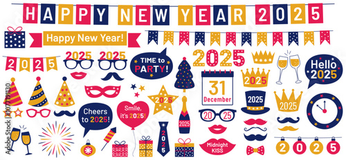 "Happy New Year 2025" banner, party props, hats, glasses, gift boxes, decoration, speech bubbles with greetings, fireworks, design elements, vector clip art
