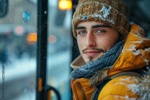 A young man with a warm smile gazes out of a bus window, surrounded by snowflakes falling gently outside. He wears a cozy yellow jacket and a knitted hat, adding warmth to the cold setting photo