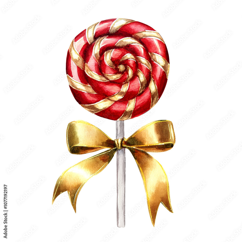 Fototapeta premium Watercolor red and gold Christmas lollipop with a gold ribbon. The candy cane is isolated on a white background. Perfect for xmas greeting cards and seasonal themed illustrations.