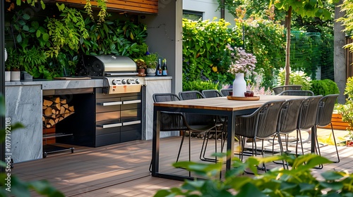 A stylish outdoor patio with a modern dining table, a sleek barbecue grill, and a backdrop of a lush green garden with decorative plants