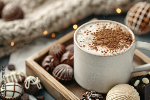 National Chocolate Candy Day. A frothy mug of hot chocolate topped with cocoa powder, paired with an assortment of decorative chocolate bonbons in a rustic tray.  photo