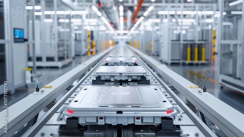 Robots  build electric car batteries on a moving belt in a modern factory.