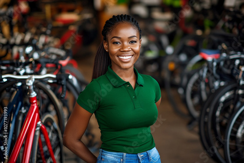 Smiling young African saleswoman in a green polo shirt, providing excellent service in a bicycle store.