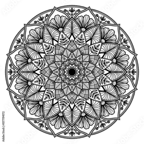 A mesmerizing mandala design features elaborate floral patterns radiating balance and serenity