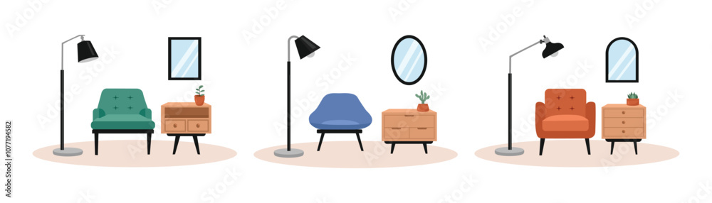 Fototapeta premium Living room 5 Fix.eDressing table illustration. Dressing room illustration. Cozy sofa. Mirror room. Styling room. Floor lamp illustration. 