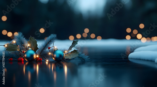 Winter holiday decoration with holly and blue ornaments