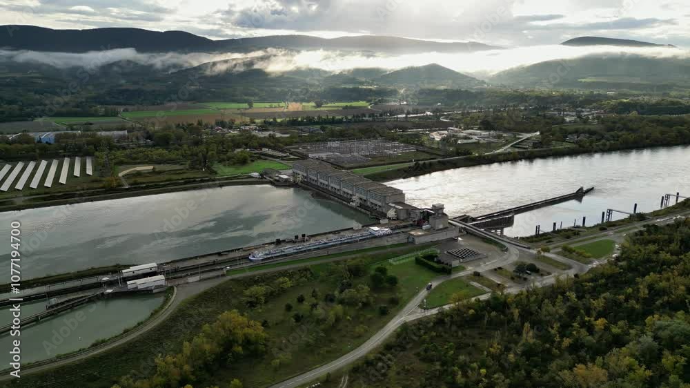 Saulce sur Rhone, France - 27 October 2024: Industrial ship passing through the lock above the hydroelectric power plant on the Rhone river in the Drome district of France