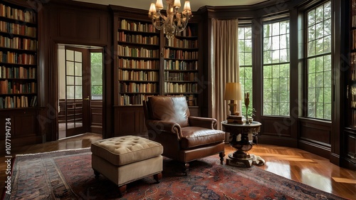 Elegant Home Library with Dark Wood Shelving and Leather Chairs