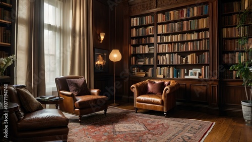 Elegant Home Library with Dark Wood Shelving and Leather Chairs