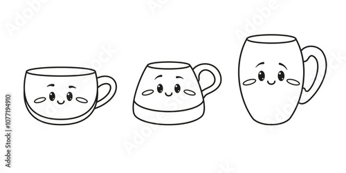 Cute Kawaii Mugs: three cartoon-style cups with cute, expressive faces. Vector Illustration
