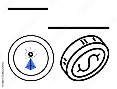 Coins featuring eye inside triangle and dollar sign with binary code. Ideal for finance, cryptocurrency, digital currency, economy, futurism, metaphysics, design themes. Line metaphor