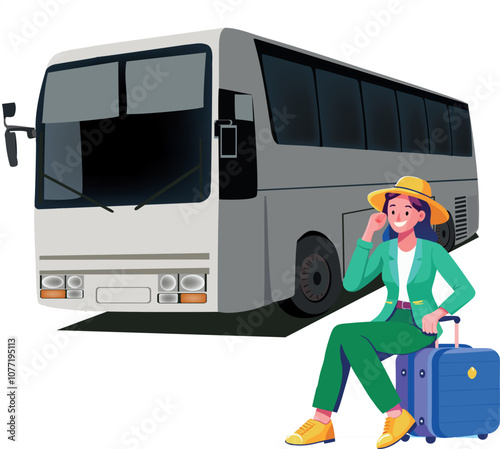 Tourist waiting for the coach bus with suitcase and sun hat