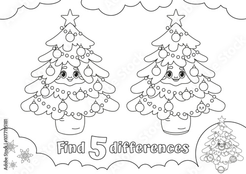 Find 5 Differences in Christmas Trees Holiday Coloring Page. Vtctor Illustration