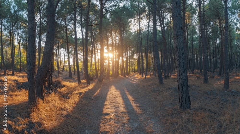Fototapeta premium A serene forest scene with sunlight filtering through tall trees, casting long shadows.
