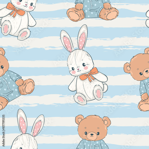seamless pattern with cute bunny and teddy bear vector illustration 