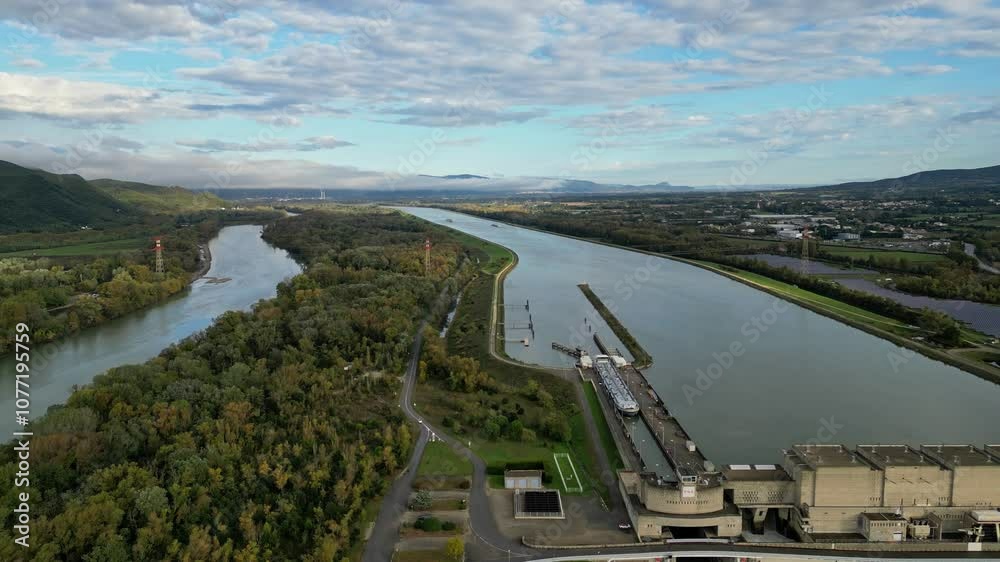 Saulce sur Rhone, France - 27 October 2024: Industrial ship passing through the lock above the hydroelectric power plant on the Rhone river in the Drome district of France
