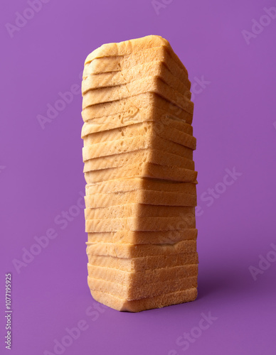 Soft toast bread, slices stacked on a purple table, low-angle view