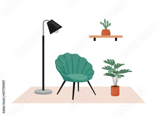 Living room 3 Fix.epsLiving room interior illustration. Elegant Modern Sofa Lounge. Urban Living Vibes. Potted plant. Floor lamp.