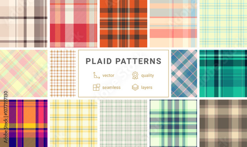 Rustic plaid textile patterns featuring checkered designs, perfect for fabric materials, shirts, or wallpaper with a Scottish flair.