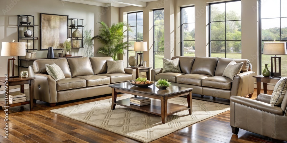 Fototapeta premium Transform your living area with sophisticated taupe leather furniture, including elegant sofas and chairs, plus trendy decor ideas perfect for contemporary homes.