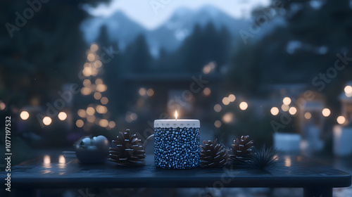 Candle and pinecones on a festive table with a Christmas backdrop