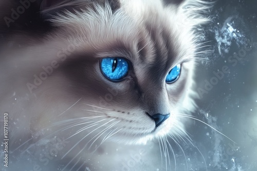 A clear photo of a feline's face, featuring bright blue irises photo