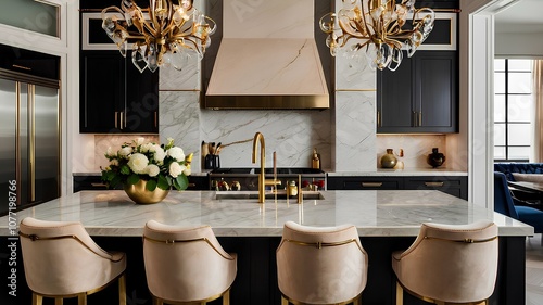 Luxurious Kitchen with Dark Cabinets and Marble Island
