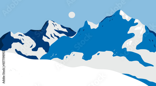 Winter abstract Landscape. Blue sky, snowy mountains, hills, terrain, trees, horizon. Flat design. Nature, tourism, travel concept. Hand drawn trendy Vector illustration. Wallpaper, card, poster