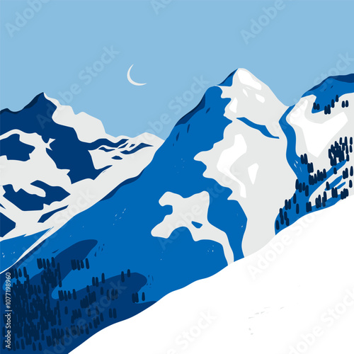 Winter abstract Landscape. Blue sky, snowy mountains, hills, terrain, trees, horizon. Flat design. Nature, tourism, travel concept. Hand drawn trendy Vector illustration. Wallpaper, card, poster