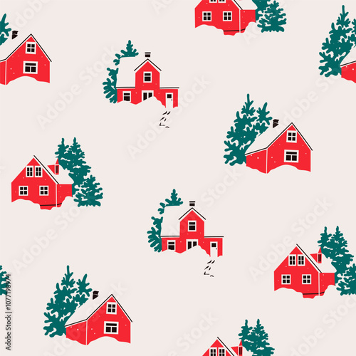 Red Houses in snow and trees. Scandinavian style home. Hand drawn trendy Vector illustration. Building, sweet home, real estate, greeting card, winter concept. Square seamless Pattern, background