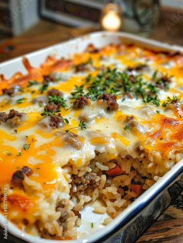 A hearty ground beef and rice casserole topped with melted cheese and fresh herbs, offering a delicious and fulfilling meal in a beautifully browned baking dish. photo