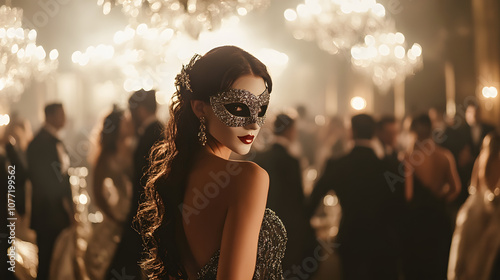 A glamorous New Years Eve masquerade ball with guests in elegant masks and gowns chandeliers casting a soft glow. photo