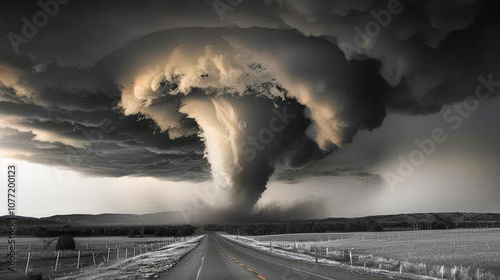 A powerful tornado spirals down from stormy clouds, traversing a rural road and dominating the wide-open landscape in a breathtaking natural spectacle.