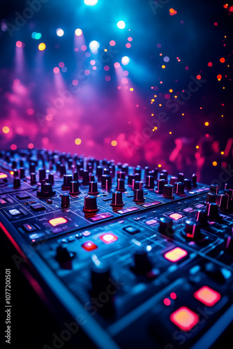 In selective focus of Pro dj controller.The DJ console deejay mixing desk at music party in nightclub with colored disco lights.