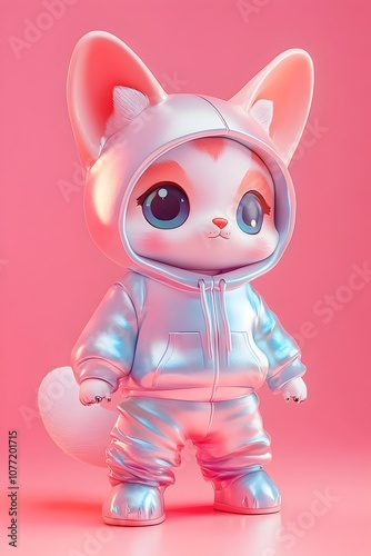 Adorable Mechanical Ferret in Holographic Corgi Hoodie Posing Playfully on Pastel Background