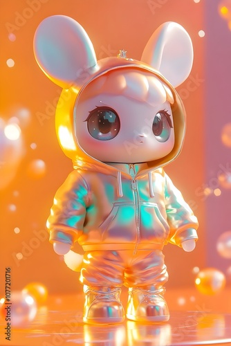 Adorable Mechanical Hamster in Colorful Neon Holographic Unicorn Hoodie Posing Playfully on Pastel Orange Background