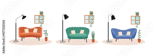 Set of living room illustration. Living room collection. Cozy living room. Set of sofa. Potted plant. Hanging plant. Floor lamp. 