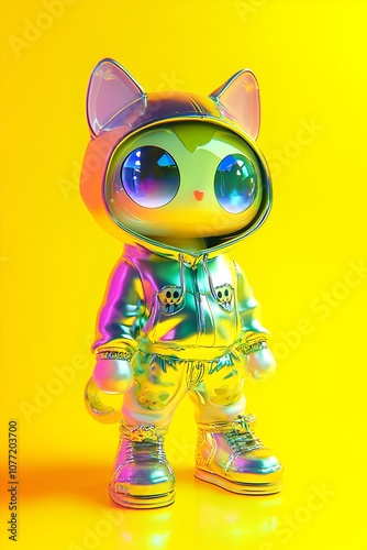 Mechanical Chibi Kitten in Vibrant Neon Holographic Blind Box Style Figurine