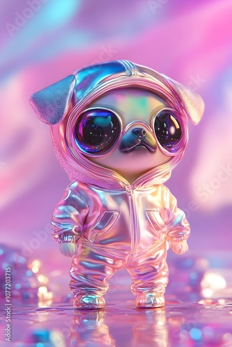 Mechanical Cute Anime Pug in Reflective Holographic Husky Hoodie Chibi Blind Box Style Figure